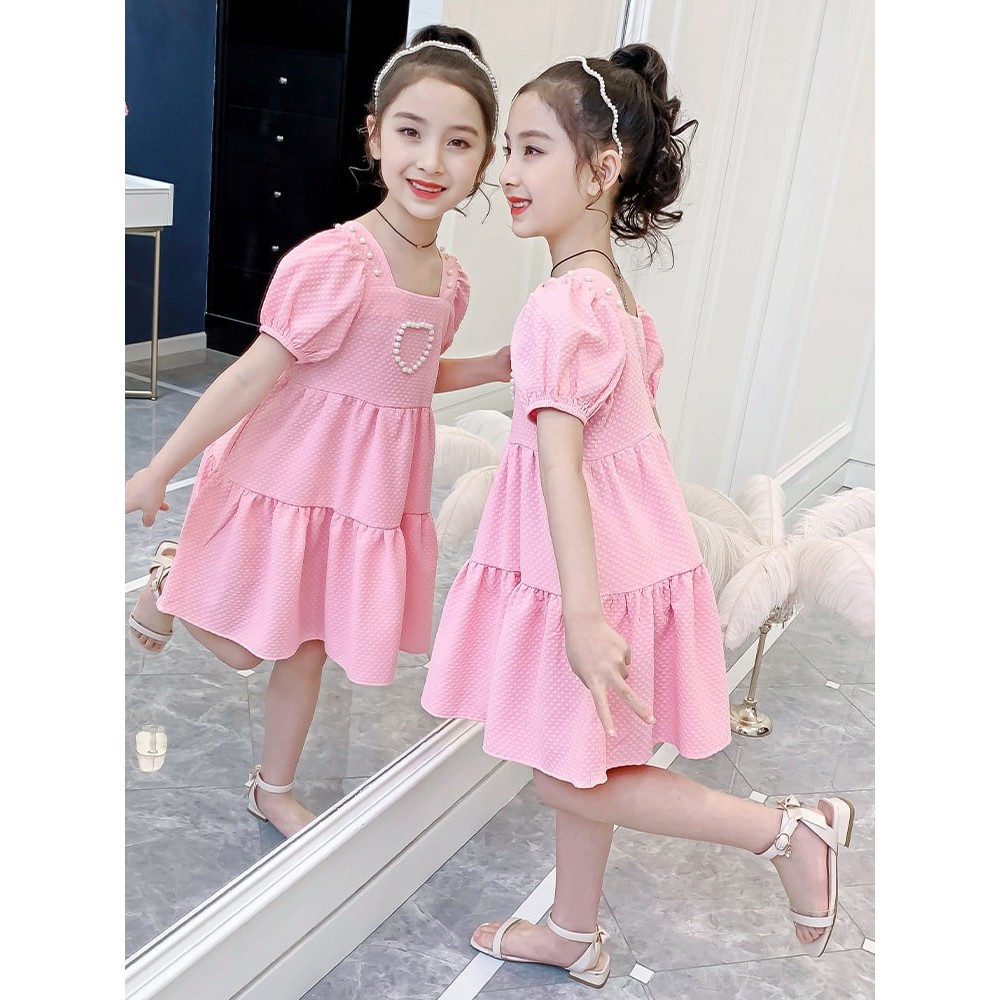 Promo !! Dress anak cewek imut dress pearl love shoulder colour import uk 3-8thn DOMINAN 160 (hijau,pink)