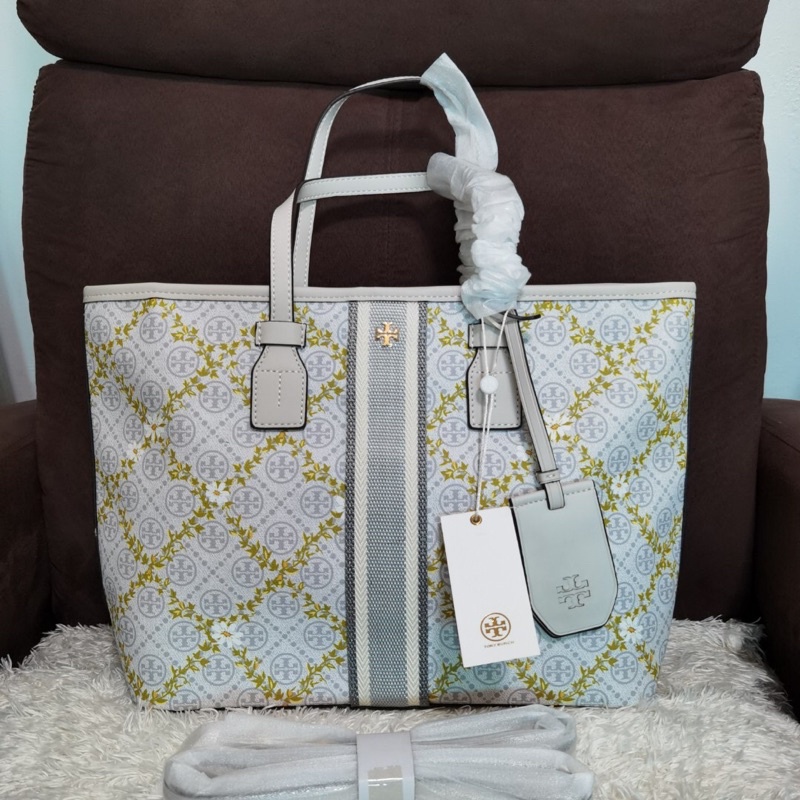 Tory Burch T Monogram Top Zip Floral Vine Tote Bag Ivory