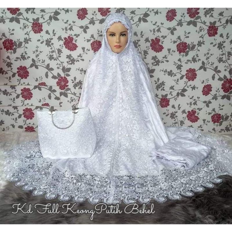 Mukena Mukenah Dewasa Jumbo Brukat Mewah Premium  Sutra Paris Prada Putih