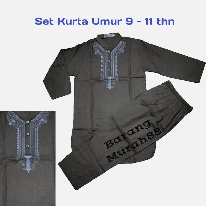 Baju Setelan Kurta/Baju Koko Muslim Anak Laki Umur 9 10 11 Tahun - Abu-Abu