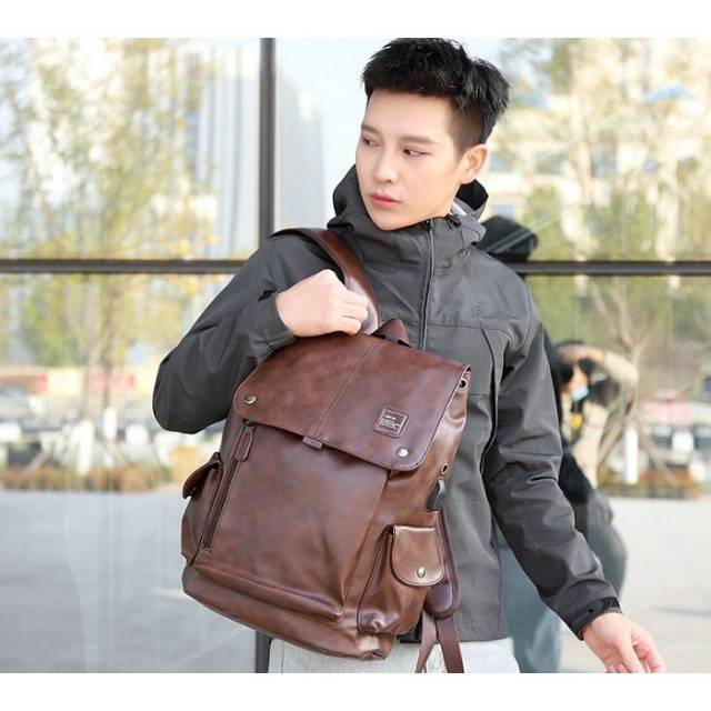 Tas Ransel Kulit Pria Punggung Backpak USB Port Import