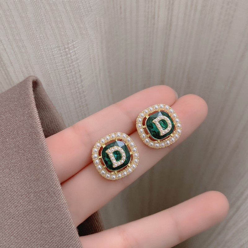 Anting Tusuk Sterling Silver 925 Desain Huruf D Hias Kristal + Mutiara Hijau Untuk Wanita 2022