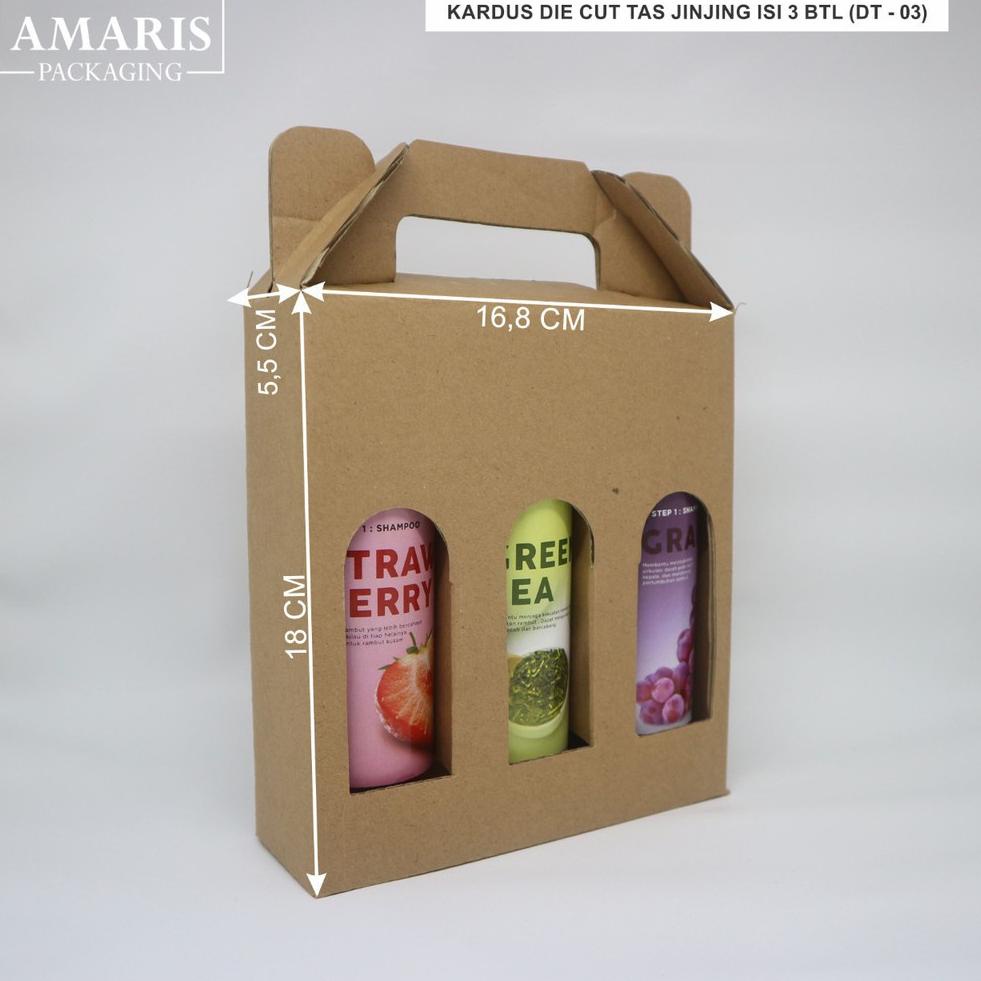 

[PRODUK RWMUY] Kardus Die Cut Tas Jinjing Botol 250ml x 3 Isi 10 Pcs DT-03 Amaris Packaging 80W