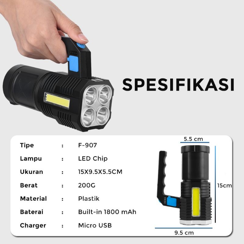 Senter Tangan 4*1w led + 10COB (25w+35w),merek Hose micro USB charging