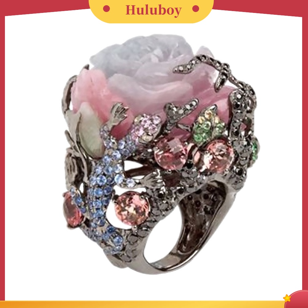 Hu Hu Hu Hu Hu Alat Bantu Pasang Kacamata♡ Cincin Wanita Desain Bunga Peony Lizard Hias Berlian Imitasi Untuk Pesta