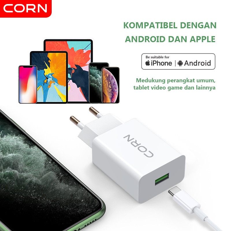 CORN Charger QE015 Original 3A 18W QC3.0 Fast Charging  EU Plug Quick Charging Charger With Kabel 3A Garansi Resmi 1 Tahun  untuk Samsung xiaomi vivo oppo