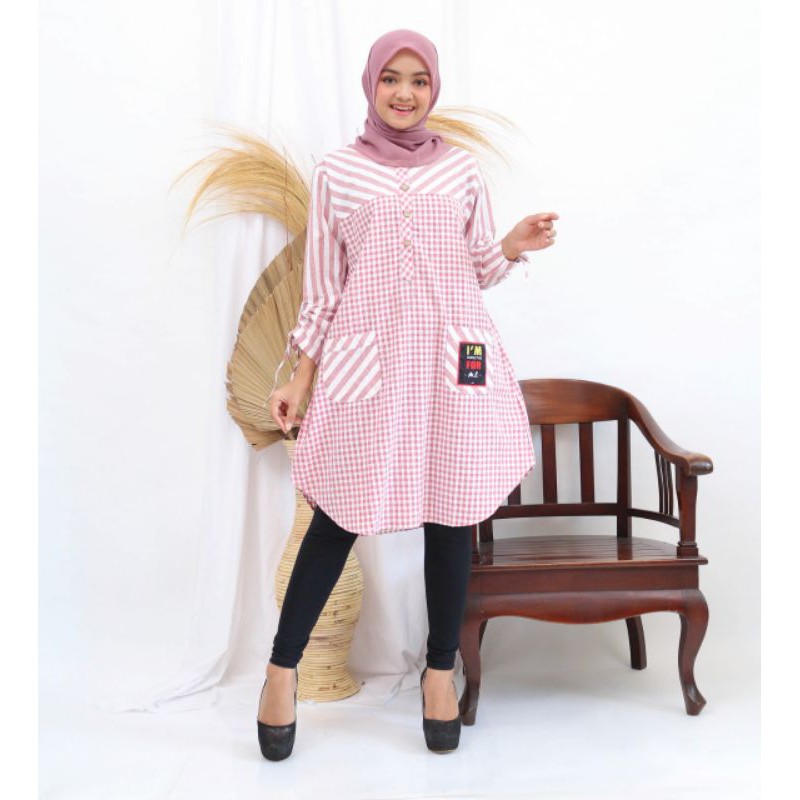 Tunik Wanita Katun Kombinasi Garis Import Premium