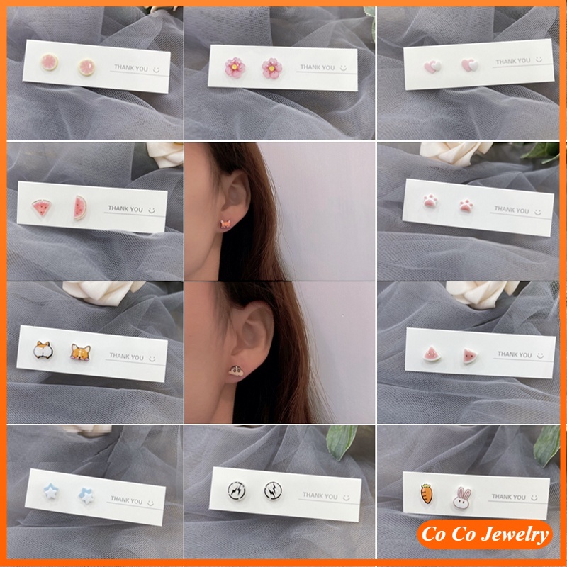 S925 Sterling Silver Needle Ceramic Earring Set Combination Exquisite Small Cute Simple Girl Student Jewelry Accessories