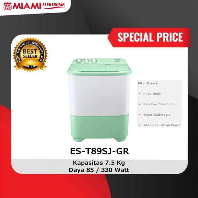 SHARP Mesin Cuci Twin Tub 7.5 kg Hijab Series ES-T89SJ-GR / EST89SJGR / EST89SJ