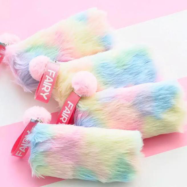 

Rainbow Pastel Unicorn Fluffy Pencil Case / Tempat Pensil Bulu Kawaii