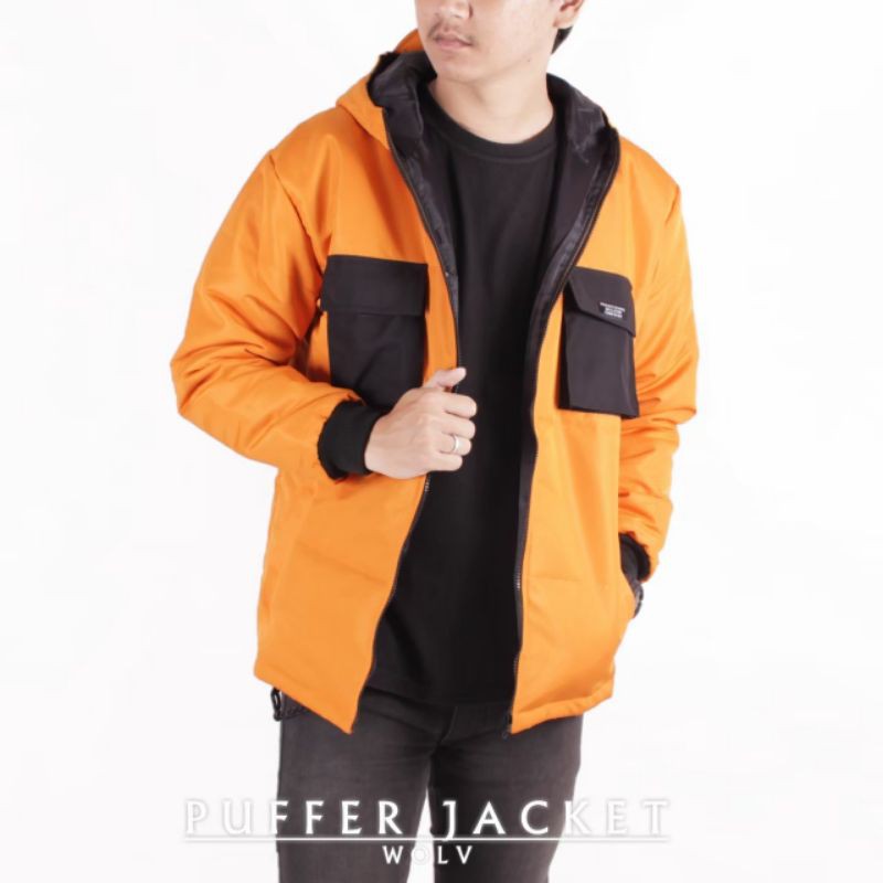 WOLV ORIGINAL JAKET PUFFER Jaket Outdoor pria jacket taslan warna orange saku hitam seri art WP01