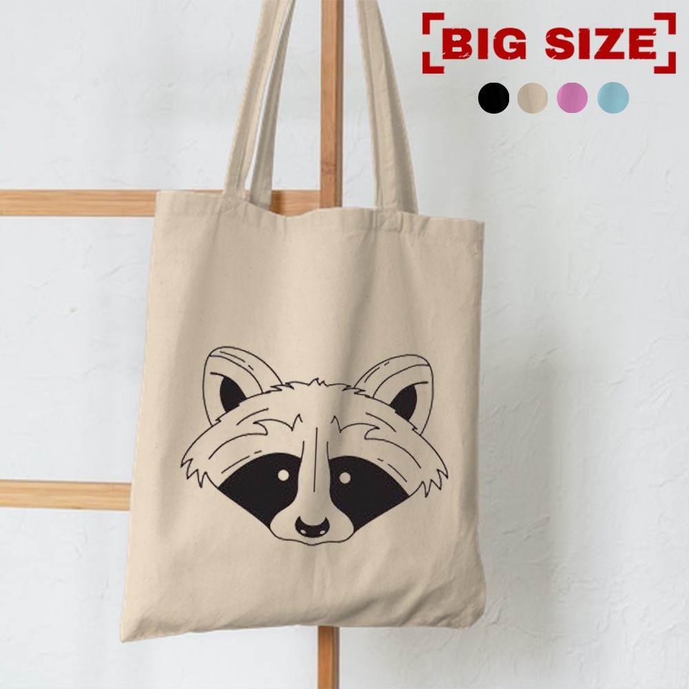 3.3 Sale Tas Totebag Bergambar Raccoon Resleting Berbahan Semi Kanvas Dinir 300 Biru Muda, Pink, Cream, dan Hitam Edisi Totebag