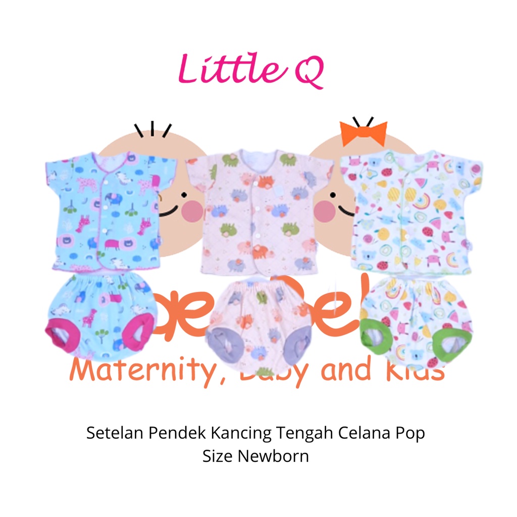 [Size NB] Little Q Setelan Motif Pendek Kancing Tengah Celana Pop Isi 3 Pcs