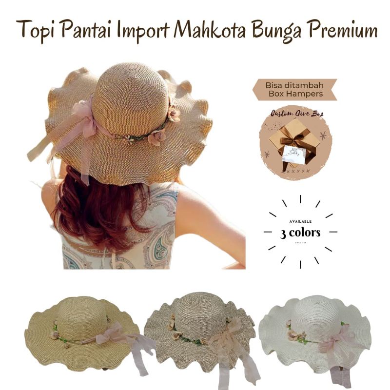 Topi Pantai Import Anyaman Bergelombang Mahkota Bunga Topi Fashion