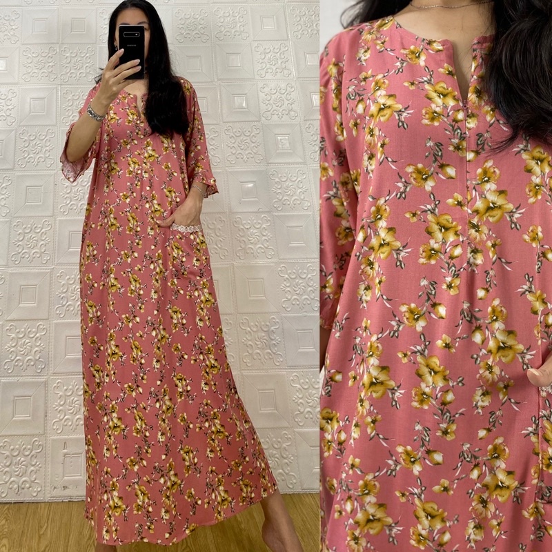 daster tangan 3/4 /tangan 7/8 / busui/panjang viral jumbo /long daster/daster 3/4 /homedress/daster semata kaki/daster gamis-Tk flower peach