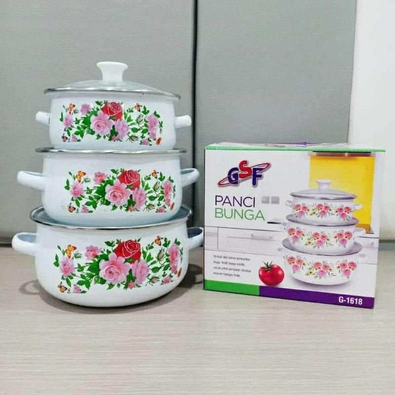 Panci Set Enamel GSF Tutup Kaca /Panci Bunga Susun 3