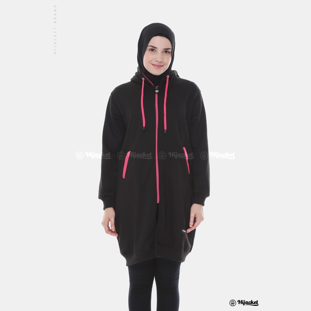 Hijacket Basic jaket hijab wanita Muslim Syari panjang polos tebal (COD bayar di rumah)-HJ16 black x pink