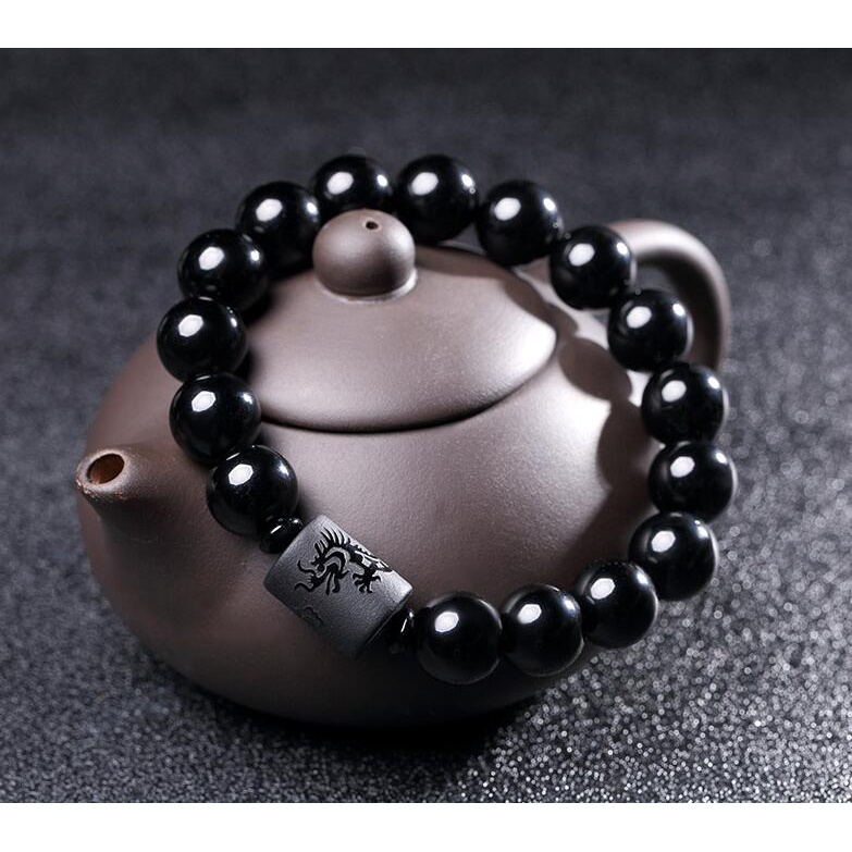 Gelang 10MM-12mm Natural Black Obsidian Carved Buddha Lucky Amulet