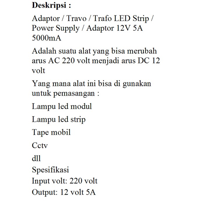 POWER SUPLY ADAPTOR AC 220V TO DC 12V 5A 5 A POWERSUPLY TRAVO TRAFO POWERSWITCHING POWER SWITCHING