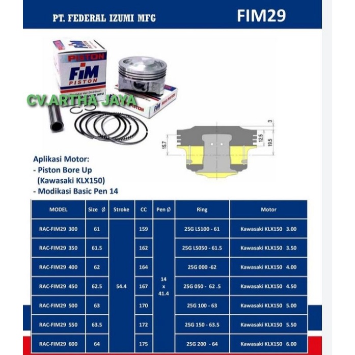 PISTON KIT FIM FIM29 KAWASAKI KLX / KLX 150 BORE UP / D TRACKER 150 ( 61 / 61,5 / 62 / 62,5 / 63 / 63,5 / 64 ) ( 300 / 350 / 400 / 450 / 500 / 550 / 600 ) ( PEN 14 / PIN 14 )-5
