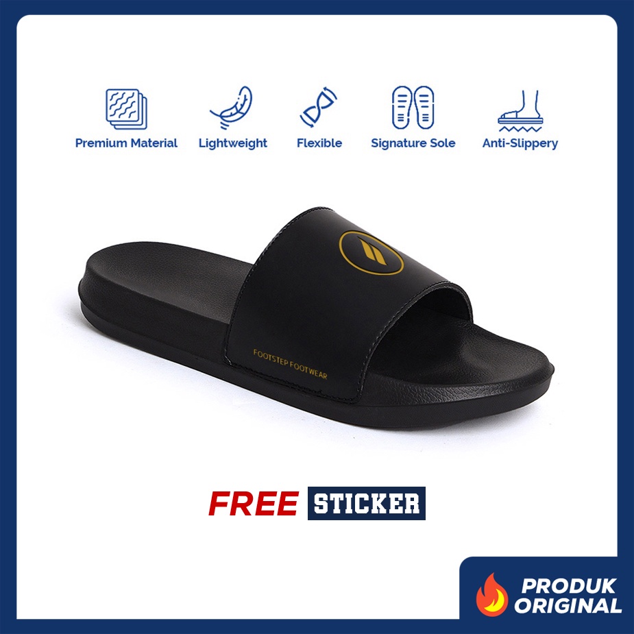 CURVA GOLD ORIGINAL x FOOTSTEP Sandal Casual Hitam Pria Sendal Slide Jalan Santai Harian Slippers Hangout Main Lebaran Slop Selop Karet Anti Slip Premium Slip On Remaja Dewasa Flip Flop Kerja Formal Sport Fashion Footwear Keren Terbaru Kekinian Branded