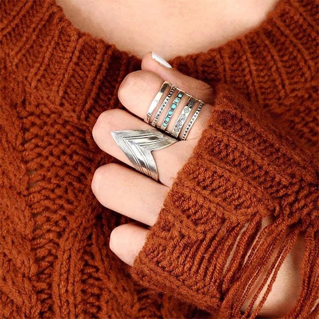 Hu Hu Hu Hu Hu Alat Bantu Pasang Kacamata♡ Cincin Multilayer Model Hollow Gaya Boho Untuk Wanita