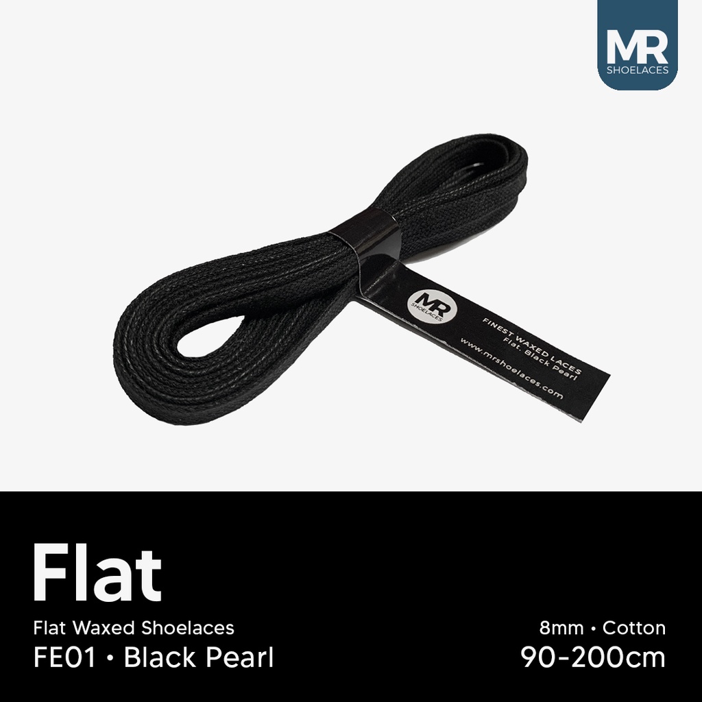 MR Shoelaces FE01 Black Pearl (Hitam) - Tali Sepatu Lilin 8mm Gepeng Flat Pipih (Waxed Laces) 90cm 100cm 120cm 150cm 200cm - untuk Sneakers - Premium Shoelace