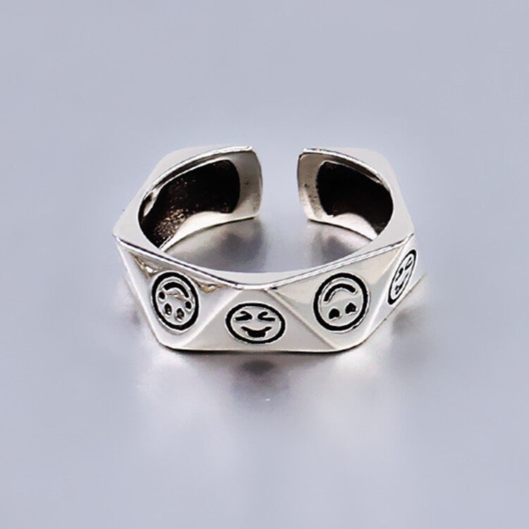 Rock Metal Geometry Circular Smile-Face Adjustable Rings Punk-Style Women Lovers Aesthetic Girl Accessories Party Jewelry