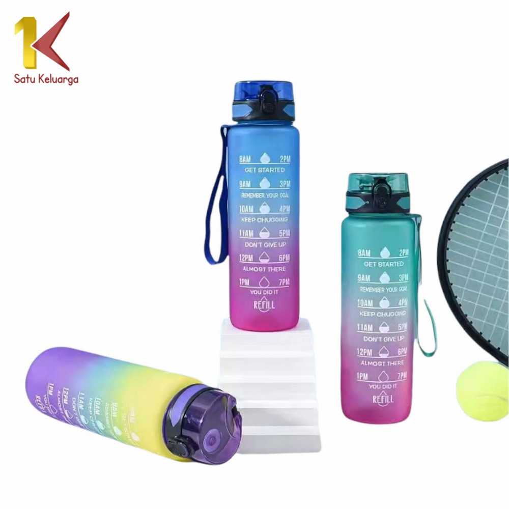 Satu Keluarga Botol Minum 1 Liter C407 Gradasi Tumbler Olahraga Sport Unik Botol Motivasi Thumbler Penanda Waktu BPA FREE-8