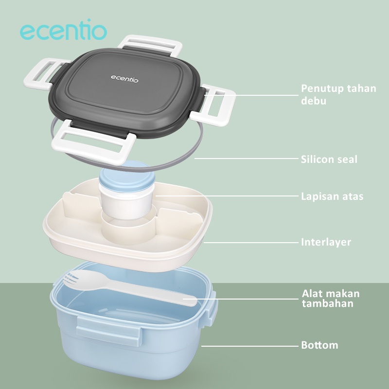 ecentio &amp; FOODI 1.6L tempat makan anak 2/3 susun icy block lunch box set anti tumpah biru salad/lunch box set 1600ml tempat bekal/double-layer lunch box set/Free sauce cap/Free sendok set