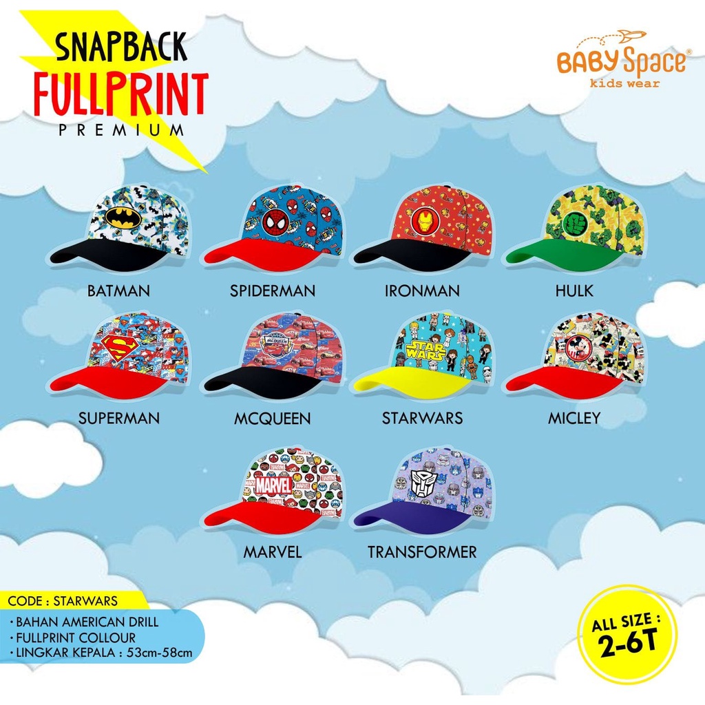 TOPI ANAK SUPERHERO BABY SPACE FULLPRINT DAN SPACEKIDS LOGO BORDIR SIZE 2-6 TAHUN-1