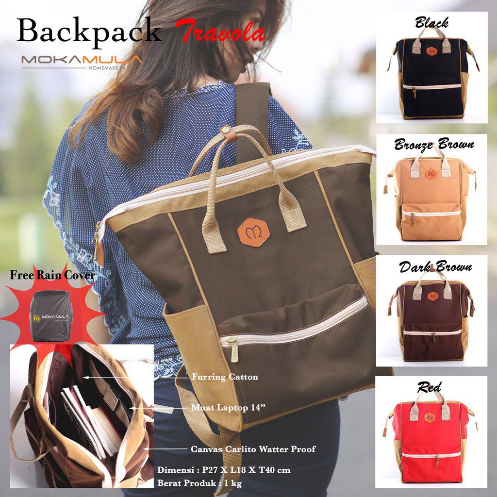 Backpack Sling Molluca Travola Waterproof 14 inch, Tas Wanita Ransel Terbaru Free Rain Cover