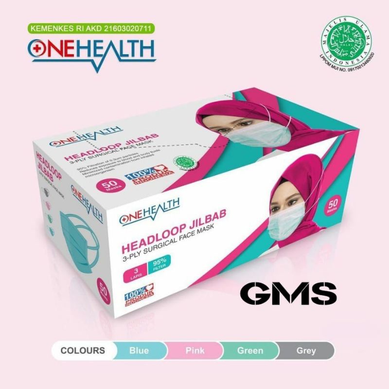 Masker Medis 3 ply Headloop / Hijab Onehealth Per Box isi 50 Pcs