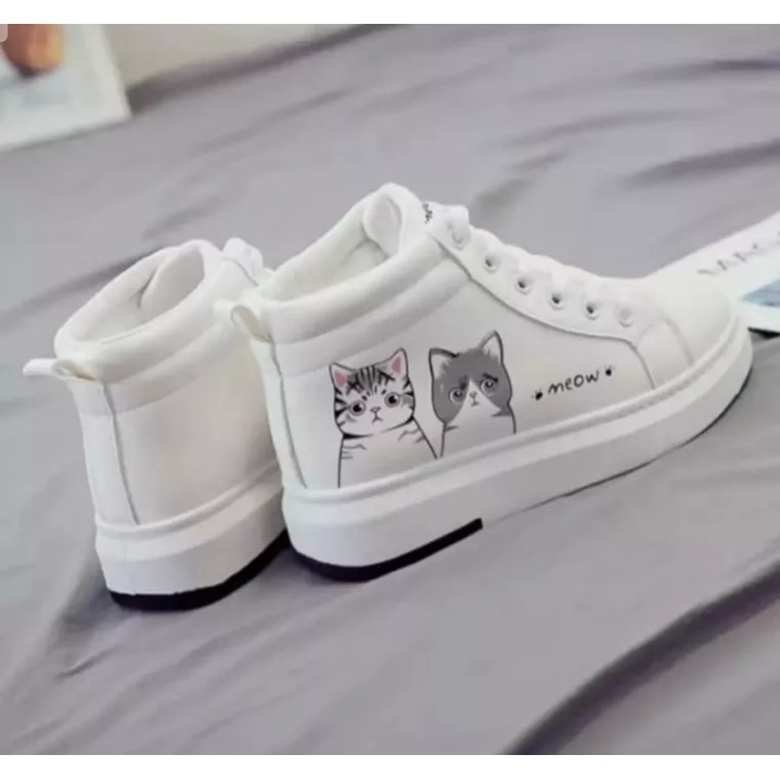 Sepatu Boot Anak Dan Dewasa Motif Meow Putih Abu Trendy