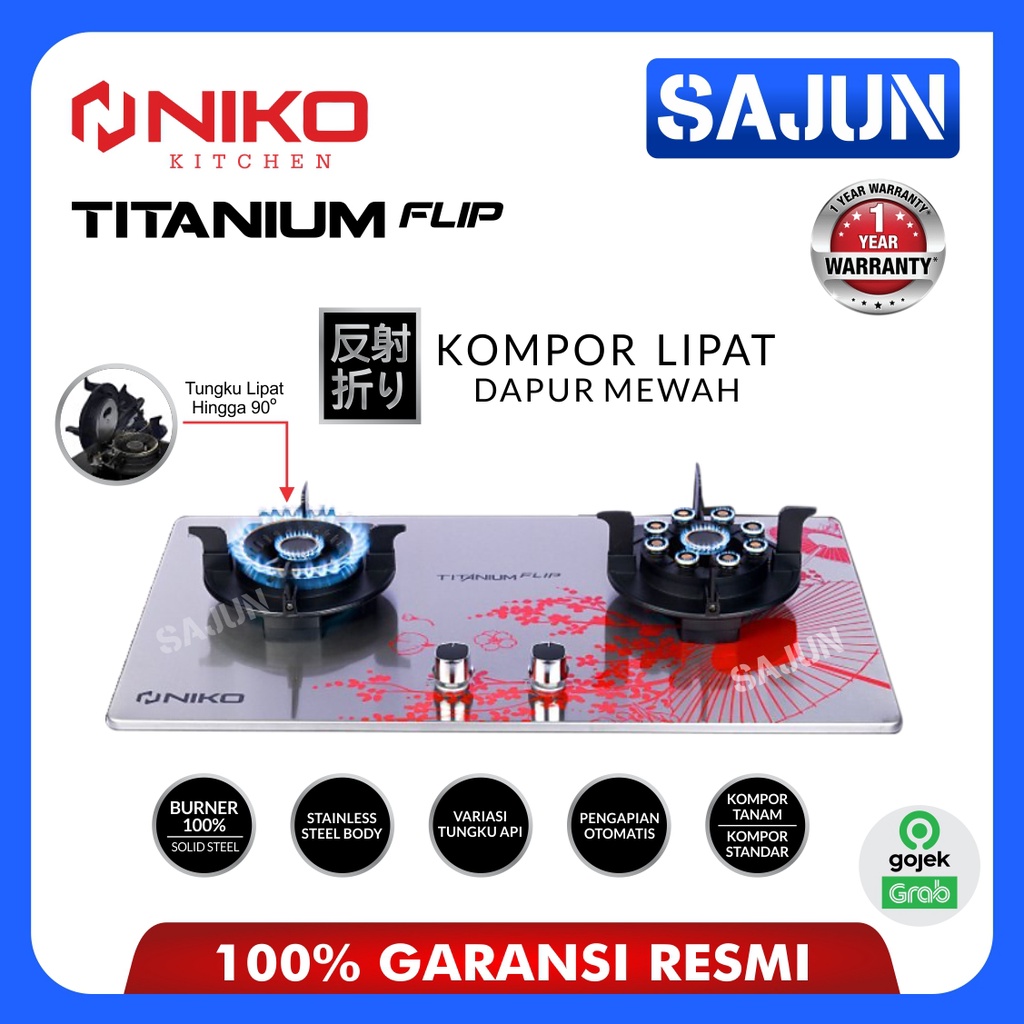 Niko Kompor Gas 2 Tungku TITANIUM FLIP TF20 Kompor Tanam &amp; Lipat / kompor gas kaca / kompor kaca