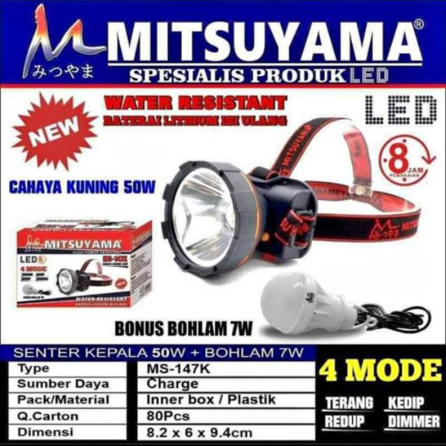 Senter kepala mitsuyama Ms-147k Ms-147P 50watt cahaya kuning dan PUtih Water Resistant murah berkualitas Headlamp Free Bohlam 7WATT (BONUS) GRATIS