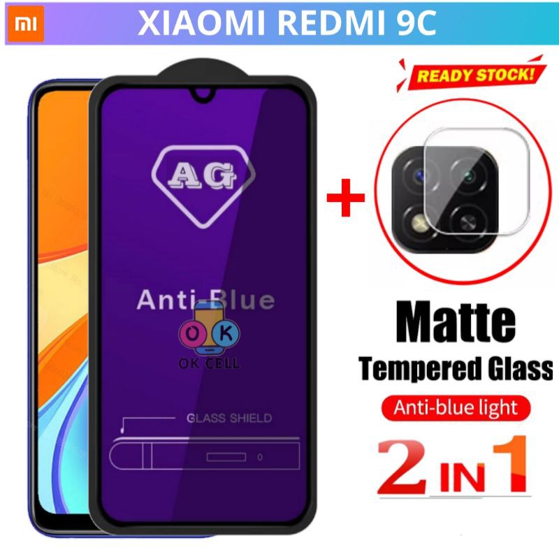 2IN1- Tempered Glass Anti Gores Blue Matte Redmi 9C TG Anti Gores Full Layar Kamera Screen Protector