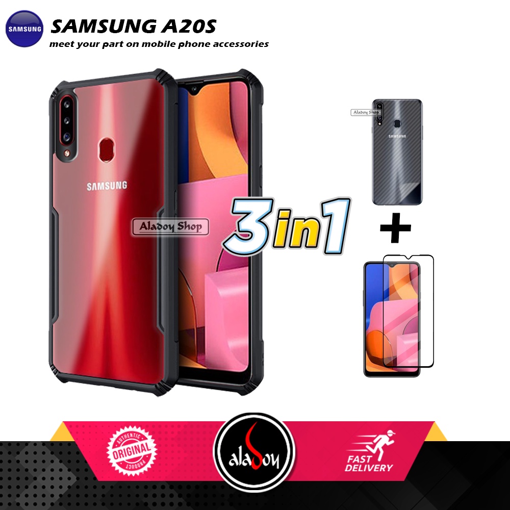 Case SAMSUNG A20S Armor Fushion Transparent Casing + Tempered Glass Full Layar dan Skin Carbon