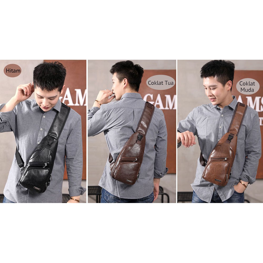 GC-116 Tas Selempang Pria Kulit/Sling Bag Anti Maling USB Port+Lubang Earphone