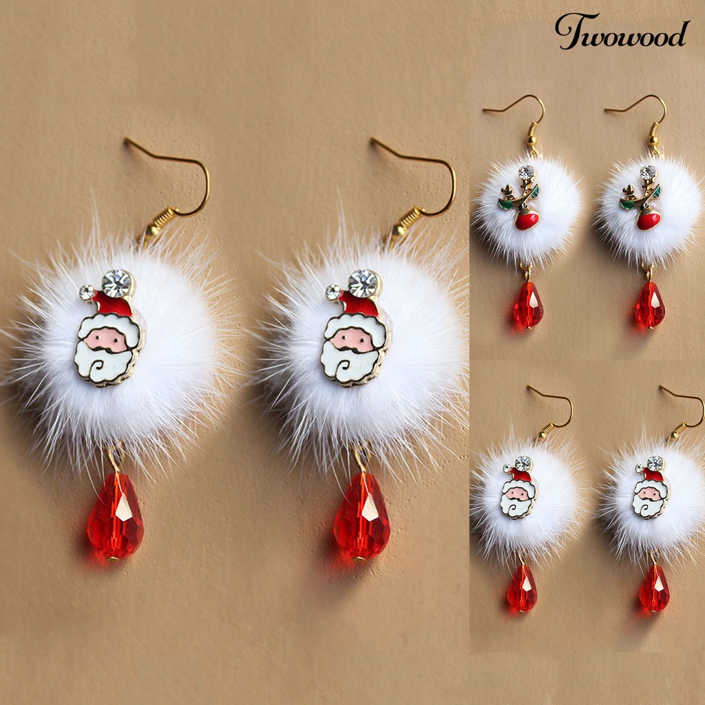 Twowood 1 Pair White Plush Ball Red Rhinestone Xmas Earrings Alloy Santa Claus Elk Pendant Hook Earrings Fashion Jewelry
