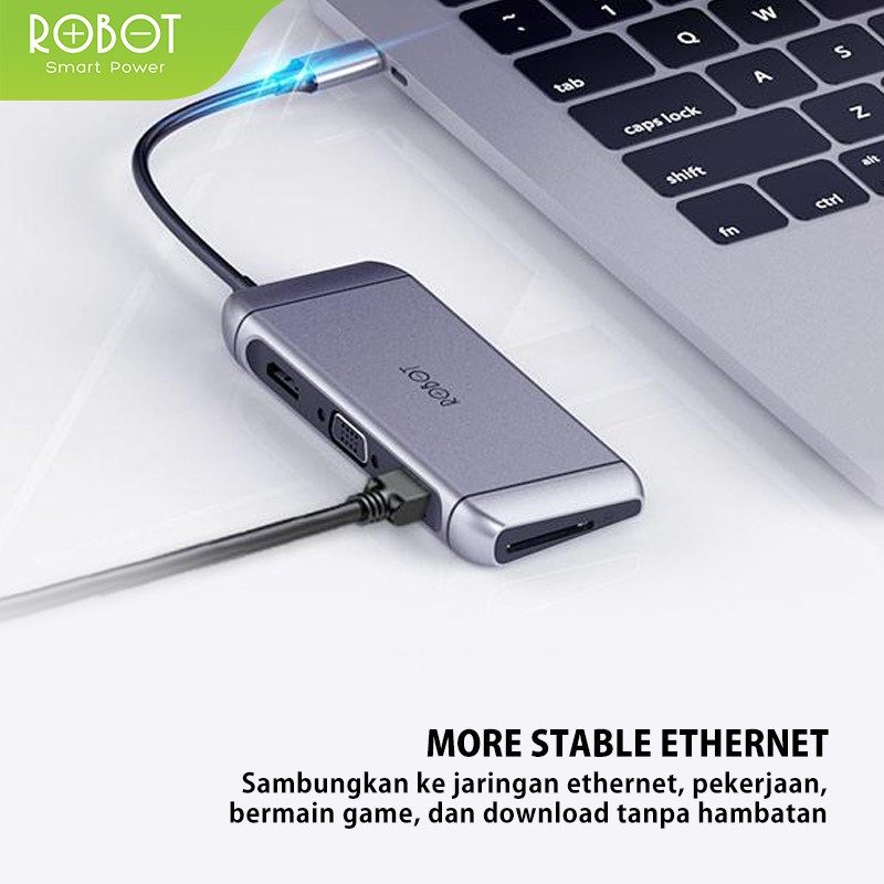 ROBOT HT490 9 in 1 USB C Hub Adapter With RJ45 HDMI 4K VGA 1080P PD 100W USB 3.0 SD/TF Card