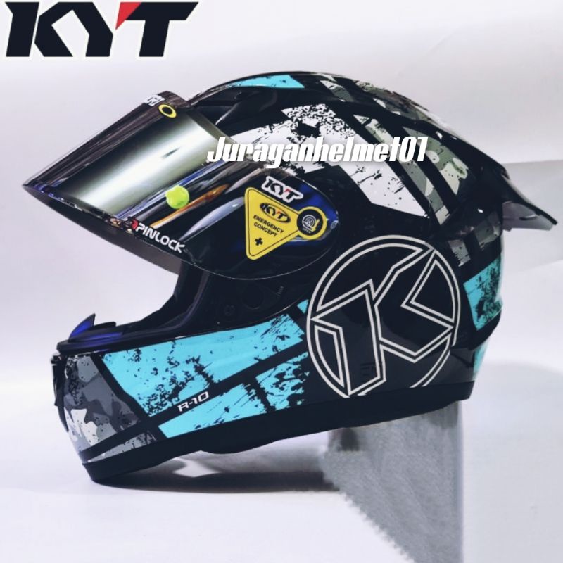 helm full face kyt r10 aqua blue paket ganteng ( dapet kaca original)