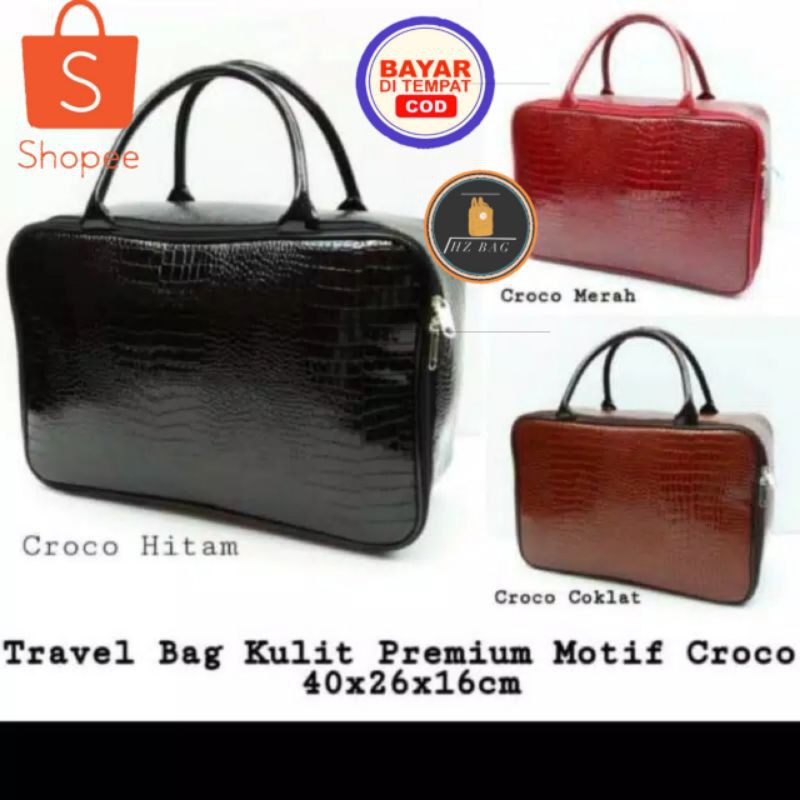 Travel Bag Kulit Premium Motif Croco / Tas Travel Kulit Waterproof / Tas Koper / Tas Traveling / Tas Pakaian  Pakai Kantong Di Dalam Dan Pakai Gesper “40x26x16 cm