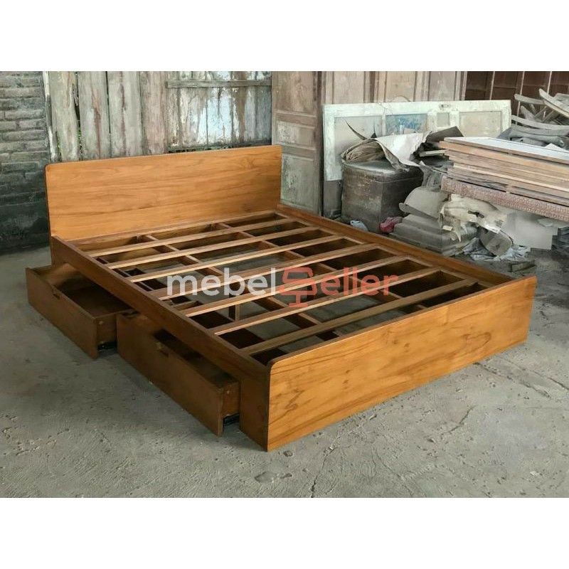 Dipan Divan tempat tidur minimalis jati scandinavian, ranjang kayu laci