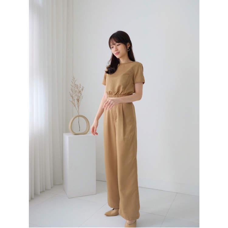 S-0183 Set Crop Top dan Kulot Woven Texture-BROWN