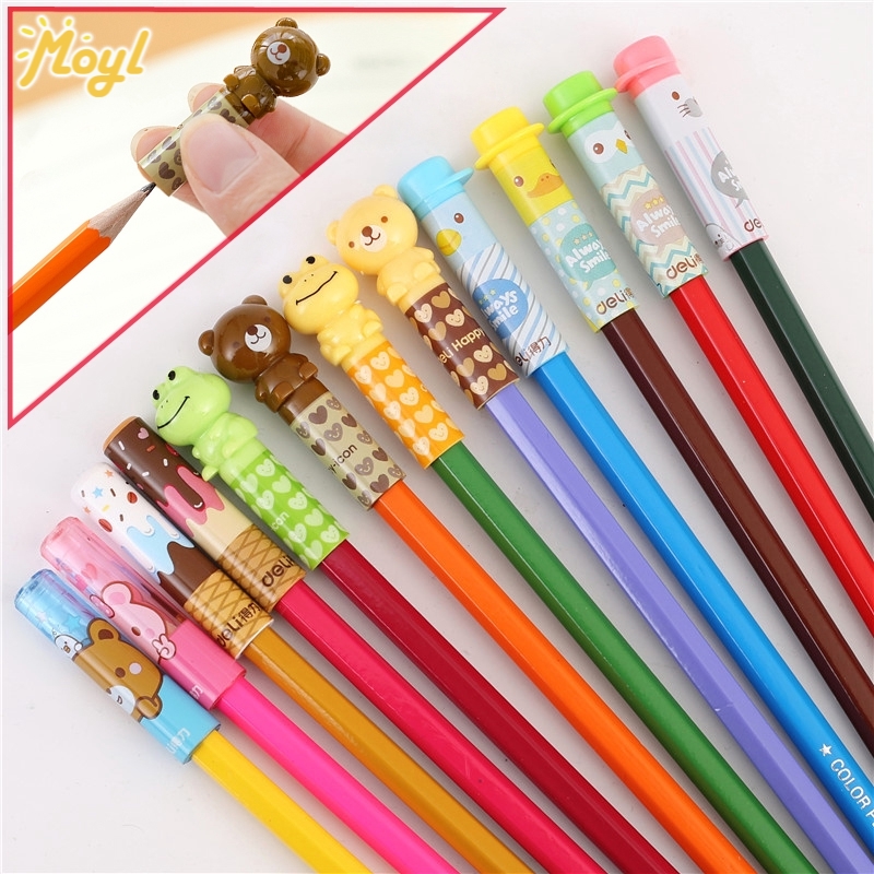 Deli 6pcs Kartun Berwarna Universal Pensil Cap Penutup Pelindung Pensil Extender Pulpen Topi Hadiah Siswa Hadiah