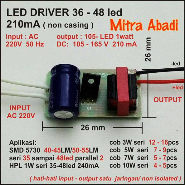 LED Driver 36-48x1 Watt 210 mA (NO IC) AC-DC Tanpa Casing