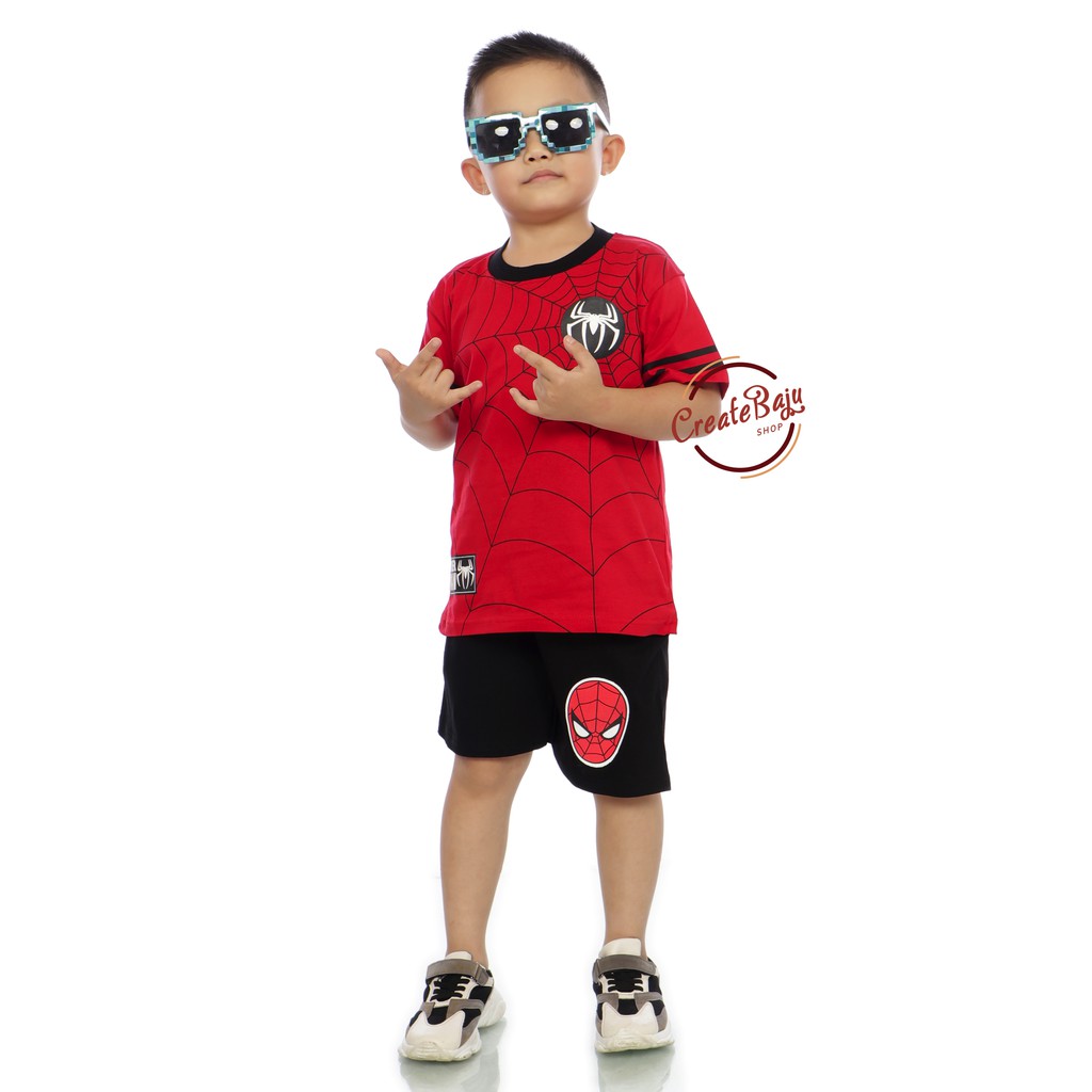 Setelan Anak Laki-Laki Hayami 2-9 Thn Spidermen Merah Jaring Baju Anak Laki