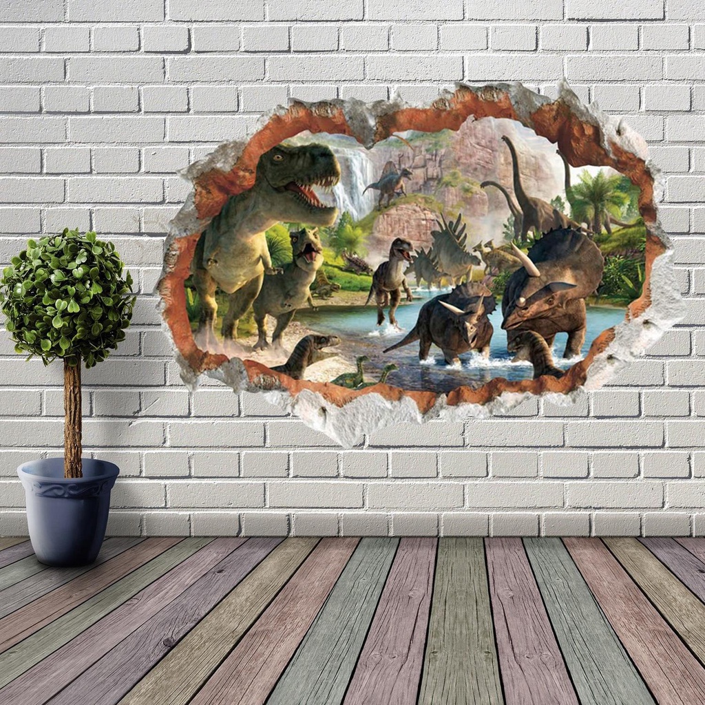 Populer Wall Decals Untuk Anak-Anak Nursery Kamar Tidur 3D Smashed Wall Arts Dinosaurus Dinding Mural