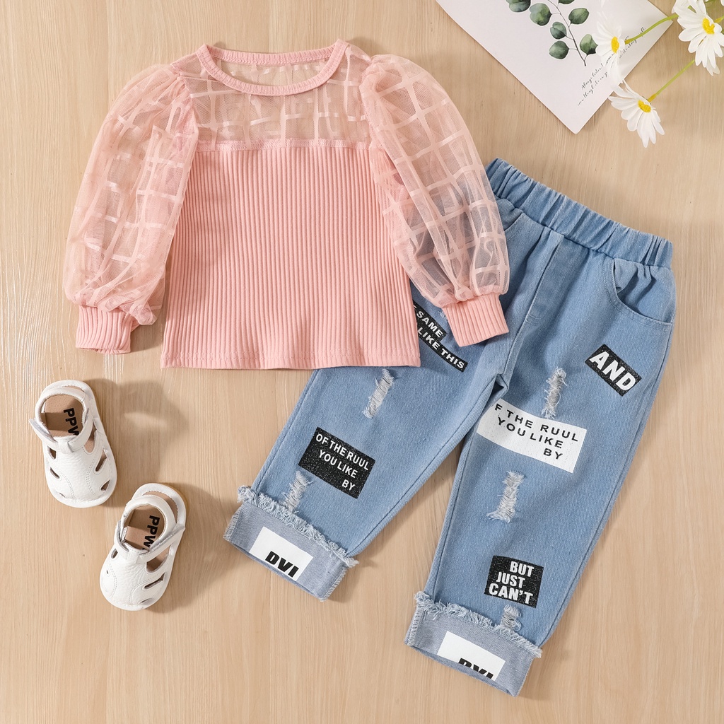 SSP79-Setelan Set Anak Perempuan Kaos Rajut + Rip Jeans Tulisan But Just Can't